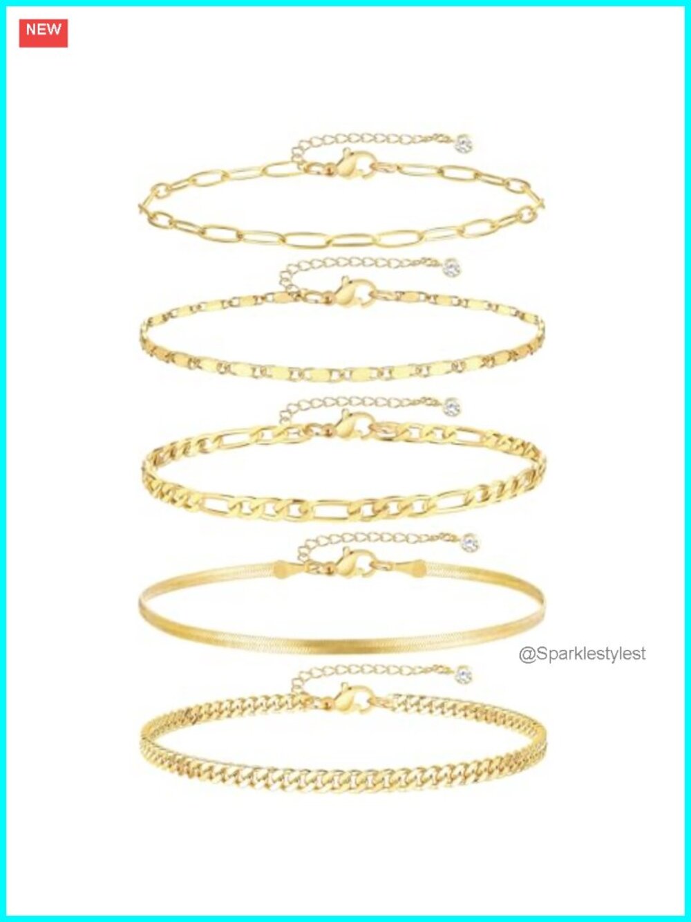 14k Gold Plated Cuban Link Anklet Set Waterproof Layered Beach Jewelry